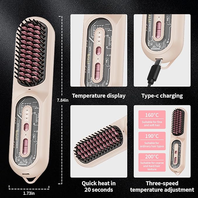 Travel Brush for Women, Portable Cordless Hair Straightener Brush, Mini Hair Straightener with 9600mAh Battery, Fast Charging & 100M Negative Ions - Cordless Portable Styler for On-The-Go (Pink)