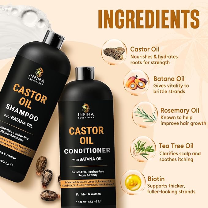 Castor Oil Shampoo and Conditioner Set | 16 fl oz Each | with Batana Oil | Strengthening, Thickening & Hydrating Formula | Supports Hair Growth & Fuller, Healthier Hair