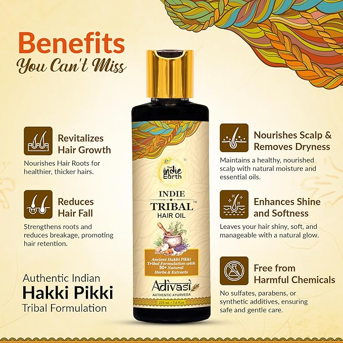 The Indie Earth Indie Tribal Adivasi Hair Oil Based on Hakki Pikki Tribe’s Hair Care Formula with 50+ potent ingredients including Moringa, Bhringraj, Hibiscus, Heena, Blackseed & Rosemary Oil