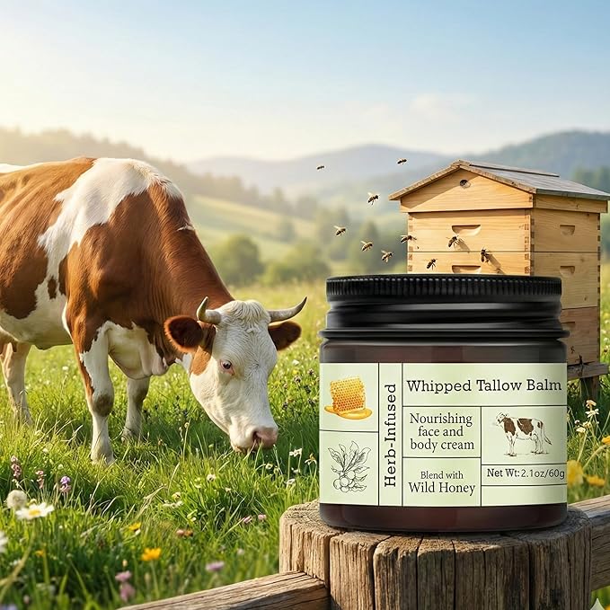 2PCS Organic Grass-Fed Beef Tallow Balm with Raw Honey, Whipped Tallow Face & Body Cream, Natural Moisturizing Tallow Balm, Hydrating Organic Skin Care for Dry, Sensitive & Mature Skin