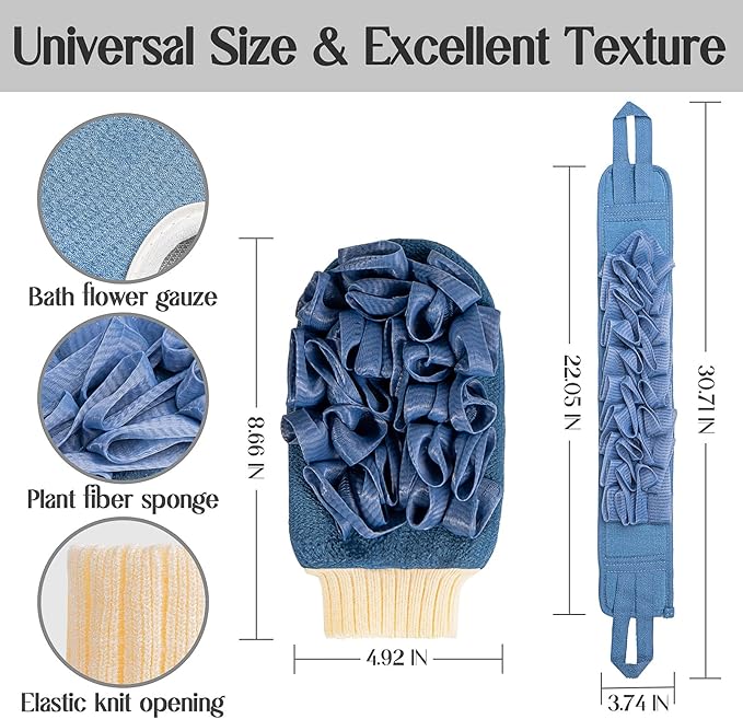 Deep Exfoliating Mitt Double-Sided Glove for Shower, with Long Exfoliating Washcloth Towel - Extreme Body & Back Scrubber Exfoliator, Body Massage Scrub & Bath Shower Loofah Sponge (2-Blue)