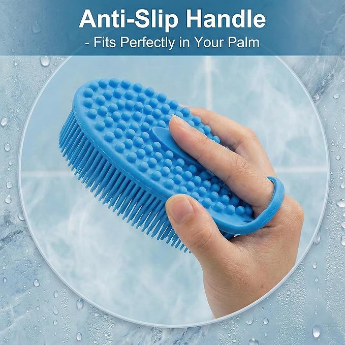 3-Pack Silicone Shower Scrubber for Body – Dual-Sided Loofah Brush with Ergonomic Handle, Fast-Drying Exfoliator – Black, Blue, Green