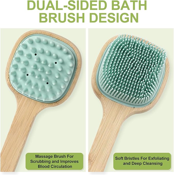 Silicone Back Scrubber for Shower, Silicone Bath Body Brush Loofah with Long Handle, Dual-Sided Shower Brush for Body, Lake Blue Exfoliating Body Scrubber for Men Women, Back Washer for Men with Hook