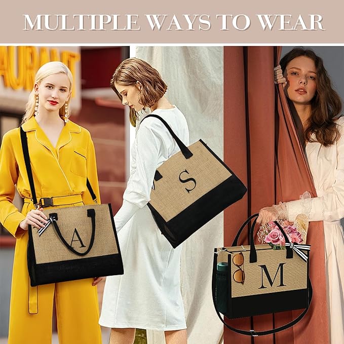 YOOLIFE Christmas Gifts for Women - Initial Jute Tote Bag & Makeup Bag, Birthday Gifts for Women Mom Wife Teacher Friend