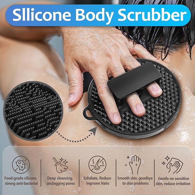 3 Soft Silicone Scrubbers - Body Exfoliating Brush Skin Massage Shower Scrubber Body Buffer, with Super Soft Handheld Facial Cleansing Brush, with Hair Shampoo Brush Scalp Massager (Black)
