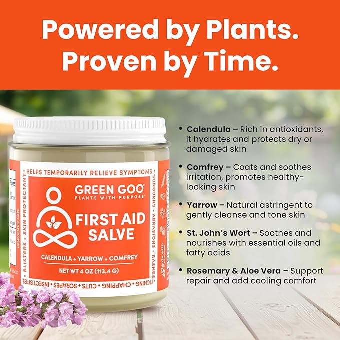 Green Goo First Aid Salve, All-Natural Cream for Healing Cuts, Scrapes, Blisters, Chafing, Sunburns & More, 4 Oz