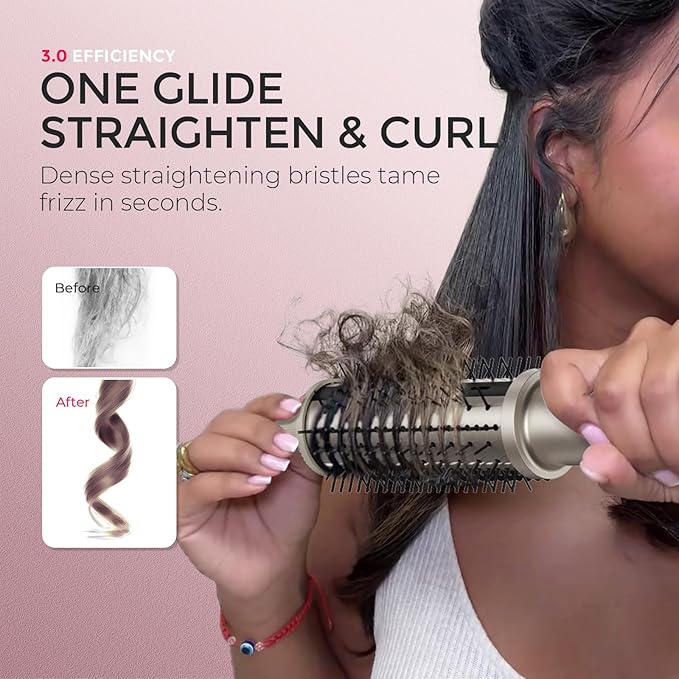 TYMO STYLUX PRO Thermal Brush Curling Brush, 1.5 Inch Blowout Heated Round Volumizer, Hair Straightener and Curler 2 in 1, 800M Negative Ion for Smoother, LCD Display, 5 Temp, Dual Voltage, Gold