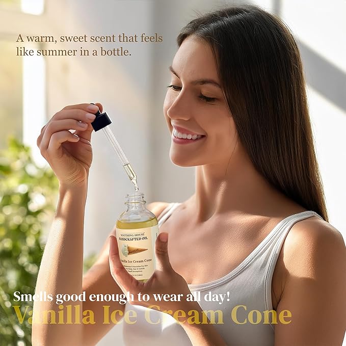 Vanilla Ice Cream Cone Body Oil - Premium Non-Greasy Oil & Body Moisturizer for Dry Skin & Glowing Skin with Sweet Almond, Jojoba, and Vitamin E Oil, 4 Fl OZ