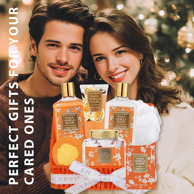 Christmas Gifts for Women - 7 Pcs Vanilla Bath and Body Gift Basket Set Spa Gift Basket Set for Women with Bath Bomb | Perfect Valentine's, Birthday, Mothers Day for Mom, Gift Set for Her All Occasion