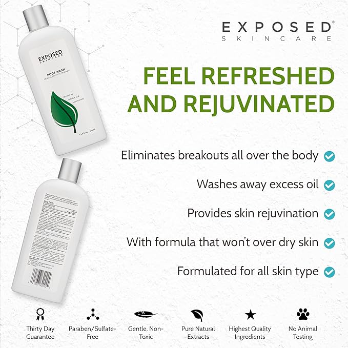 Exposed Skin Care, Body Acne Wash with Salicylic Acid, Glycolic Acid and Tea Tree Oil – Tri-Powered Gentle Exfoliating Cleanser for Back, Chest and Body Acne – Natural, Non-toxic and Cruelty Free