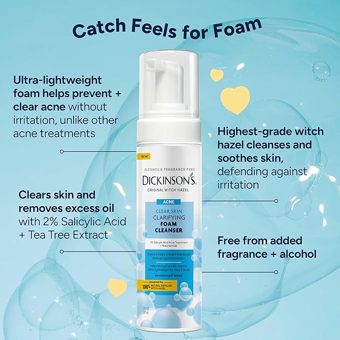 Dickinson’s Witch Hazel Acne Foam Cleanser with 2% Salicylic Acid, Niacinamide & Tea Tree | Alcohol-Free, Fragrance-Free | Gentle Daily Face Wash for Clear Skin | 7 Fl Oz