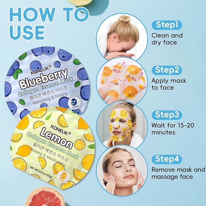 114 Pack Colorful Fruit Face Masks Skincare, Sheet Facial Mask for Dry Skin, Moisturizing & Soothing, Bulk Collagen Face Mask for Women, Christmas Stocking Stuffers, Spa Party Gifts(6 Types x 19 Pcs)