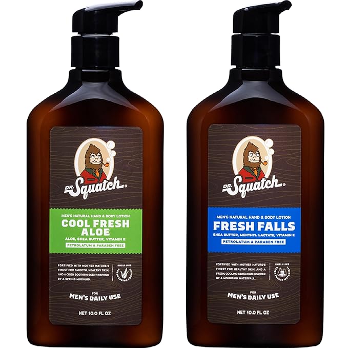 Dr. Squatch Natural Hand and Body Lotion for Men - Made with Shea Butter, Coconut Oil, Vitamin E for 24-Hr Moisturization - Cool Fresh Aloe & Fresh Falls (10 fl oz, 2-Pack)