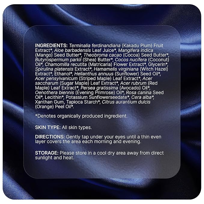 Lift & Glow Organic Eye Cream for Dark Circles and Puffiness - Anti Aging Eye Cream for Wrinkles - Reduces Dark Circles and Under Eye Bags - With Kakadu Plum, Coconut Oil, Spirulina & More - 0.5 Fl Oz