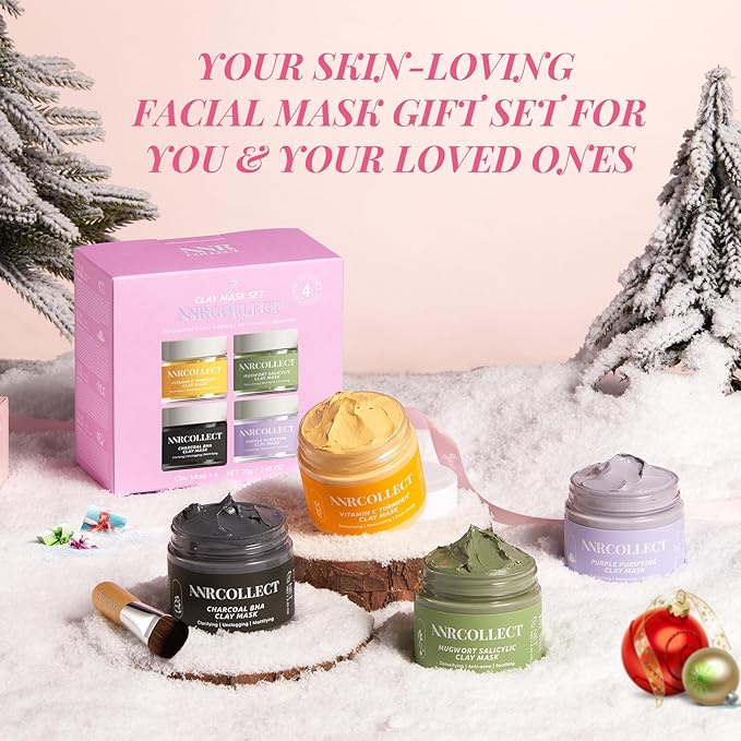 Face Mask Set, 4Pcs Clay Mask, Face Masks Skin Care with Vitamin C, Charcoal, Mugwort and Purple Clay, Skincare Christmas Gift for Blackheads & Oil Control, Stocking Stuffers for Teen Girls