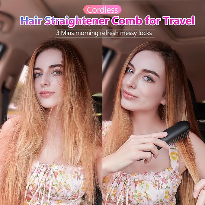 LCD Screen Cordless Hair Straightener Curler 2 in 1, Portable Mini Hair Straightening Brush for Travel Negative Ionic Fast Heating Hot Comb for Women, Folding Brush with Mirror, Black