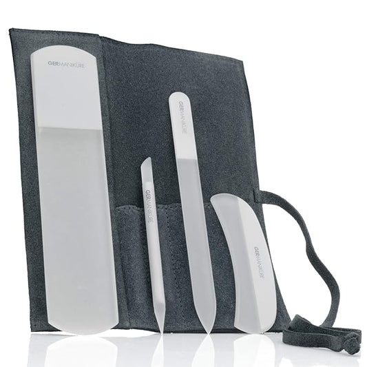 4pcs Manicure Set Genuine Czech Crystal Gray Glass Nail File Moon File Manicure Stick Pedicure Foot Care Bar in Gray Suede by GERmanikure