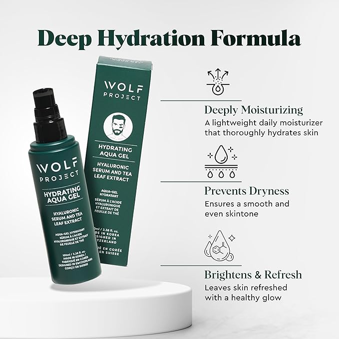 Wolf Project Advanced Skin Care Face Moisturizer Gel Cream, Anti Aging Face Gel Serum with Hyaluronic Acid, Bamboo Water, Tea Tree Leaf, Ginger Root, Ginseng - For All Skin Types, 3.38 oz