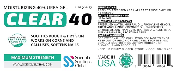 Clear 40, 40% Urea Gel, 8 oz w/Tea Tree & Coconut Oil, Aloe Vera Extract, Works on Calluses & Corns, Moisturizes & Softens Cracked Heels, Feet, Elbows, Hands, Nails, Superior Hydration to Urea Creams