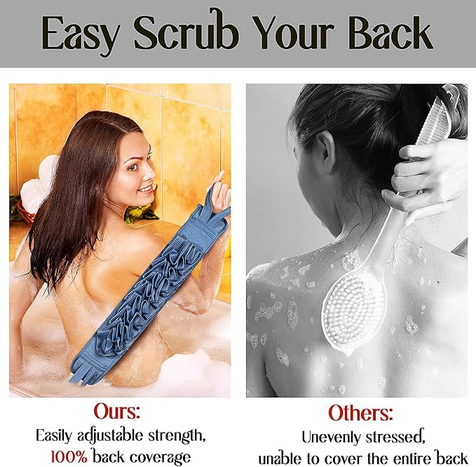 Deep Exfoliating Mitt Double-Sided Glove for Shower, with Long Exfoliating Washcloth Towel - Extreme Body & Back Scrubber Exfoliator, Body Massage Scrub & Bath Shower Loofah Sponge (2-Blue)