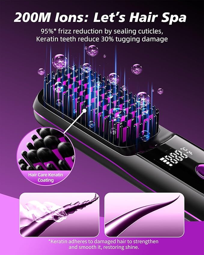 VELORlA Cordless Hair Straightener Comb with Charging Dock & LED Display - Portable 2-in-1 Travel Straightener Brush with 200M lons, 3 Temps 320-392'F, Anti-Frizz Hair Styler, Gift for Women (Black)