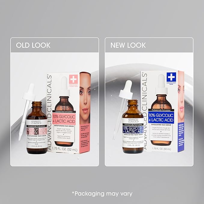 Advanced Clinicals Exfoliating 10% Glycolic Acid Serum For Face + Lactic Acid | Facial Exfoliant AHA + Salicylic Acid Serum To Improve Look Of Large Pores, Uneven Skin Tone, & Dark Spots, 1.75 FL Oz