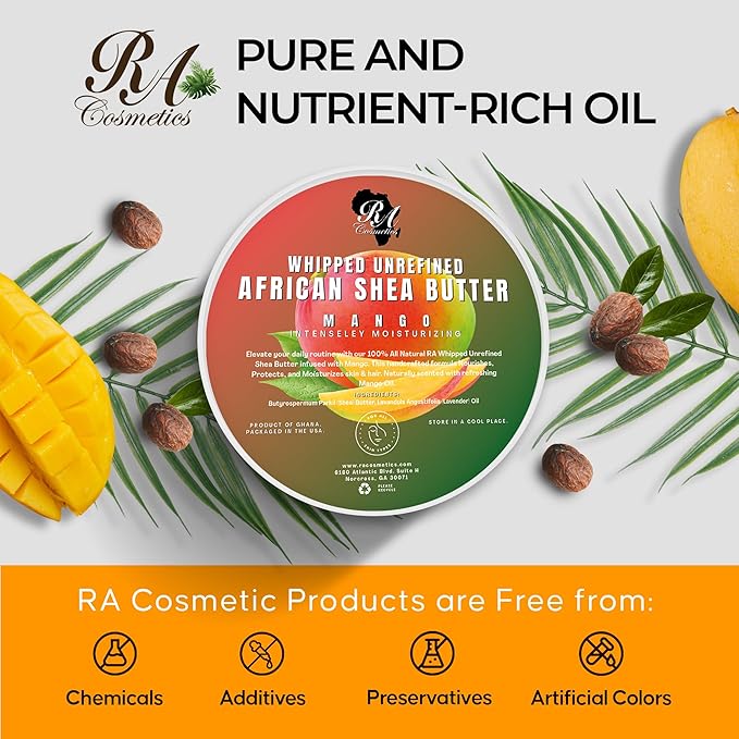 RA COSMETICS Whipped Shea Butter Mango - 100% Pure and Natural African Shea Butter - Ultimate Handcrafted Moisturizer with Essential Vitamins for Radiant Skin and Luscious Hair - 12oz Jar