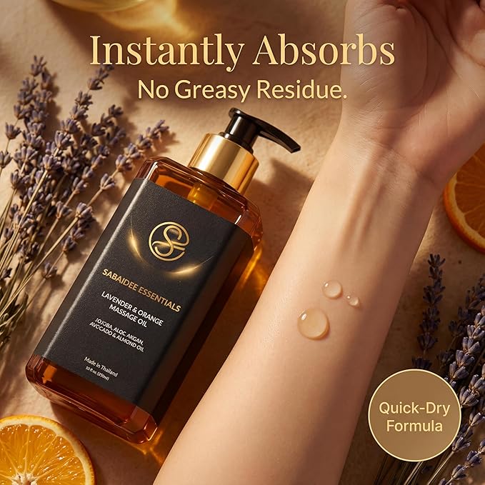 Aromatherapy Massage Oil - Lavender Oil & Orange 10 Fl Oz - Thai Body Oil for Massage Therapy with Jojoba, Avocado, Argan, Aloe, Almond – Relaxing Body Care & Self-Care
