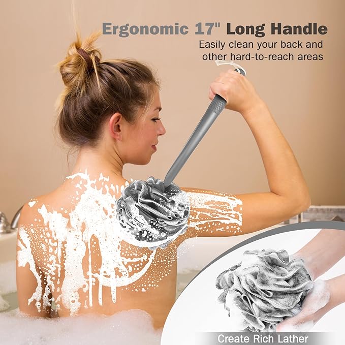 Non-Slip Back Scrubber with 17" Plastic Handle, Hand Shower Loofah & Loofah on a Stick Set, Deep Gray with White Edge