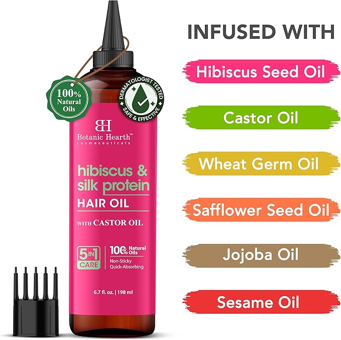 Botanic Hearth Hibiscus & Silk Protein Hair Oil (6.7 Fl Oz) |Nourishing and Strengthening Hair Treatment for Thicker, Healthier|Looking Hair | Paraben Free | Suitable for All Hair Types