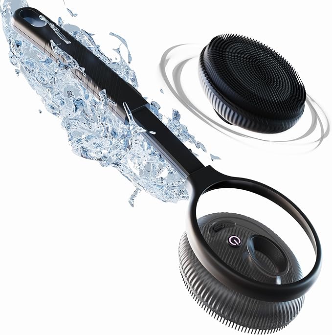 Bella Ciao Electric Back Scrubber for Shower & Face – Vibrating Silicone Body Brush, Exfoliating Loofah Cleaner with Extendable Handle, USB-C Rechargeable, IPX7 Waterproof Men’s Bath Massager (Black)