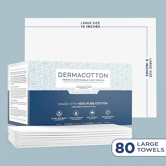 100% Pure Cotton Face Towels – 80 Count Large Disposable Wash Cloths for Face Washing, Makeup Removal & Acne Care | Ultra Soft, Hypoallergenic & Fragrance-Free