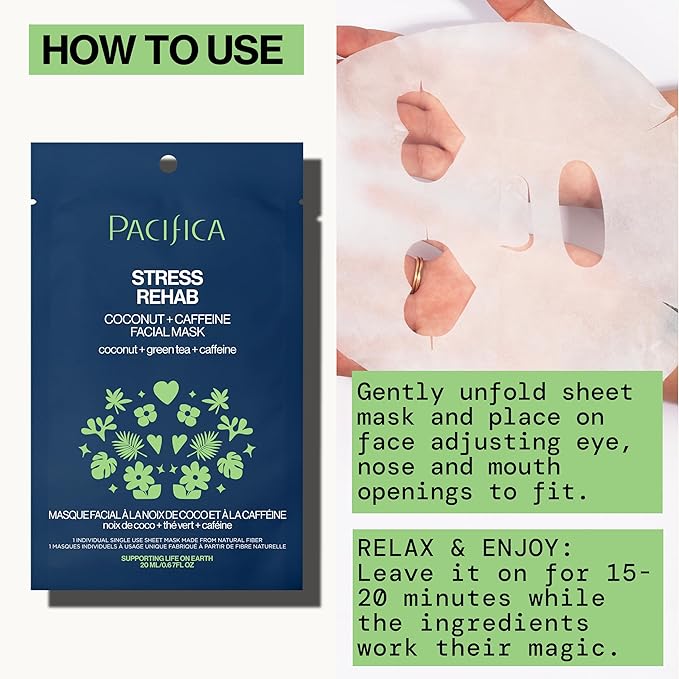 Pacifica Beauty Skin Rehab Coconut and Caffeine Facial Mask, Skincare, Green Tea, Puffiness, Face Mask, Sheet Mask, Face Care, All Skin Types, Vegan (6 Sheets)