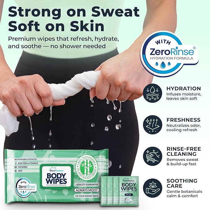 Body Wipes for Women, Extra Moist No Rinse Bathing – 50 XL Shower Cloths + 4 Travel Bath Sheets, 10" x 11.5" Disposable Washcloths for Women’s Hygiene and Post Workout Cleanup