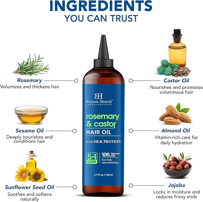 Botanic Hearth Rosemary & Castor Hair Oil (6.7 Fl Oz) |Nourishing and Strengthening Hair Treatment for Thicker, Healthier|Looking Hair | Paraben Free | Suitable for All Hair Types