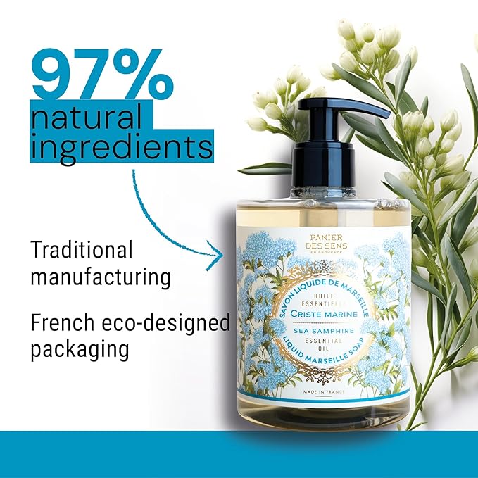 Panier des Sens - Liquid Hand Soap – Sea Samphire Hand Wash - French Marseille Moisturizing Hand Soap with Coconut Oil - Refillable Kitchen & Bathroom Hand Soap - 97% Natural Ingredients -16.9 Fl.oz