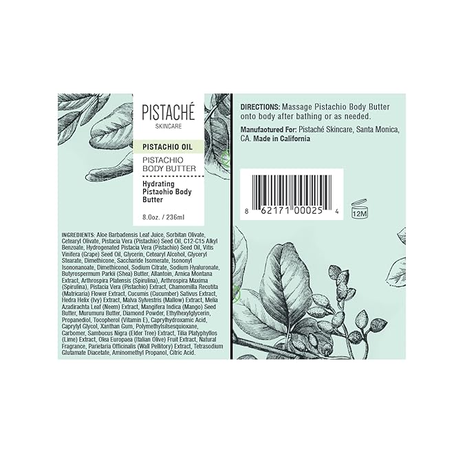 Pistaché Skincare Pistachio Oil Whipped Body Butter Cream | Rich Moisturizer for Dry Skin with Vitamin E & Antioxidant Protection | The Boyfriend Body Butter, 8 oz