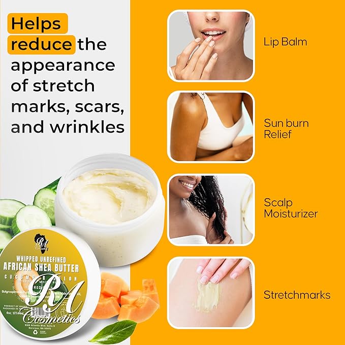 RA COSMETICS Whipped Shea Butter Cucumber-Melon - 6oz | 100% Pure & Natural African Shea Butter for Men & Women - Ultimate Handcrafted Moisturizer with Essential Vitamins for Radiant Skin