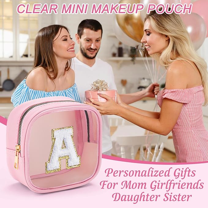 YOOLIFE Initial Mini Makeup Bag | Make Up Bag Travel Toiletry Bag | Clear Makeup Bag | Preppy Cosmetic Bags Organizer Travel Essentials Gifts for Women Teen Girlfriend Teacher Birthday Gifts Pink A