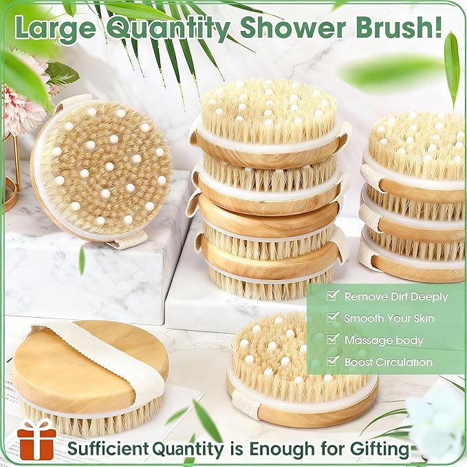Gejoy 10 Pcs Dry Brushing Body Brush Exfoliating Brush with Massage Nodule Dry Skin Body Scrubber for Shower Bath Back Circulation Improvement Dead Skin Exfoliator (4.3 x 4.3 Inches,Wood Color)