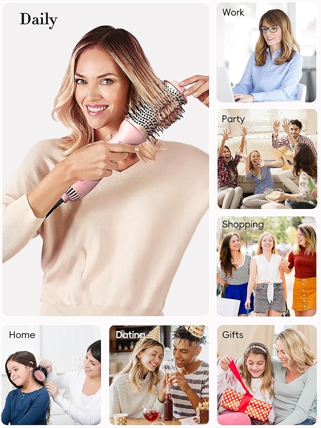 LANDOT Hair Blow Dryer Brush: One-Step Hot Air Brush with 60mm Oval Barrel - 4 in 1 HairDryer Styler and Volumizer for Drying Straightening Curling Volumizing Hair Fight Frizz and Add Volume