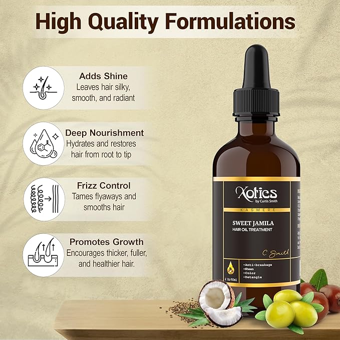 Xotics Sweet Jamila Hair Oil - Natural Hair Growth Oil with Hempseed, Argan, Olive & Coconut Oil for Curly Frizzy Hair & Dry Hair - Organic Hair Oil for Black women (2oz)