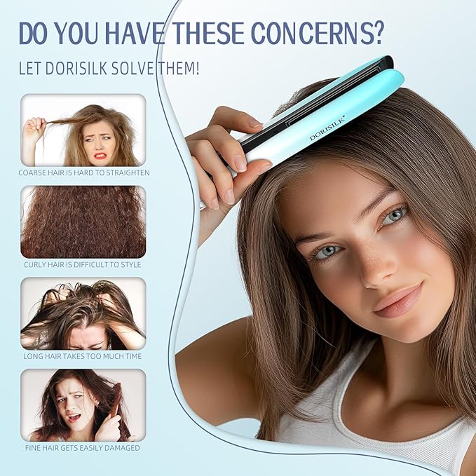 DORISILK Dual Voltage Flat Iron 1 Inch, Ceramic Hair Straightener and Curler 2 in 1, 450℉ Straightening Iron for Thin Thick Hair, Frizz-Free Smooth Tech 30s Fast Heat Gift for Women Girls, Blue White