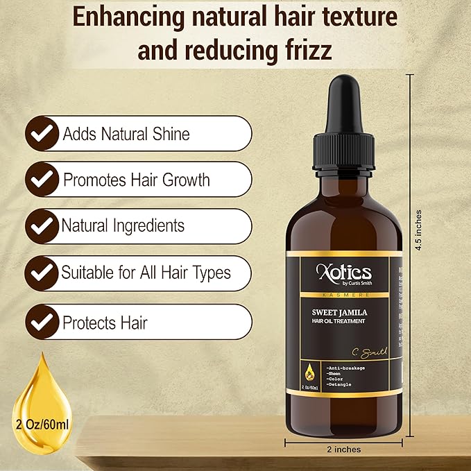 Xotics Sweet Jamila Hair Oil - Natural Hair Growth Oil with Hempseed, Argan, Olive & Coconut Oil for Curly Frizzy Hair & Dry Hair - Organic Hair Oil for Black women (2oz)