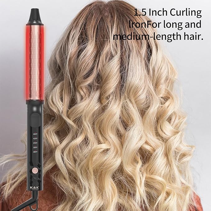 K&K 1 1/2 Inch Red Light Therapy Infrared Heated Curling Iron Curling Wand Ceramic Curling Irons -Creates Root Volume & Loose Curls Volume Curls Dual Voltage Cool-AIR TECH Hair Styling Tool