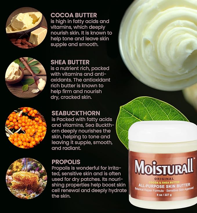 Beesaluxe Moisturall Original All-Purpose Body & Face Butter - Propolis, Honeyquat, Cocoa & Shea - Rich Moisturizer for Sensitive, Dry Skin (8 Ounce)