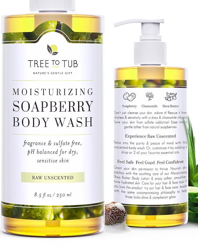 Tree to Tub Unscented Body Wash for Sensitive Skin & Dry Skin - Moisturizing pH Balanced Fragrance Free Body Wash, Hydrating Sulfate Free Body Soap for Women & Men w/Organic Shea Butter, Natural Aloe
