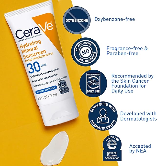 CeraVe 100% Mineral Sunscreen SPF 30, Face sunscreen With Zinc Oxide & Titanium Dioxide, Hyaluronic Acid + Niacinamide + Ceramides, Oil Free, Travel Size 2.5 oz