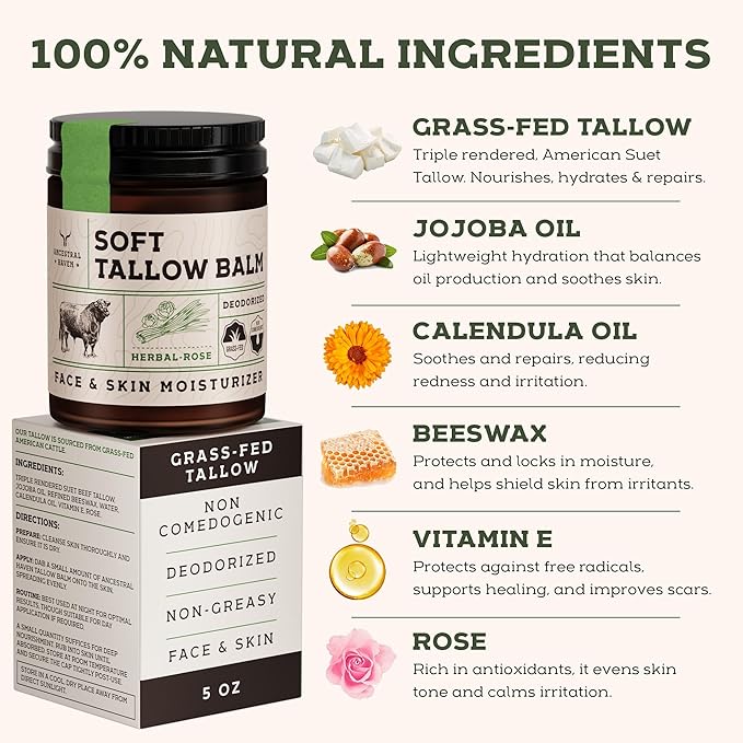 Beef Tallow for Skin - Tallow And Herbal Balm For Face - Gift Ready Box - Tallow Face Moisturizer - Tallow Balm - Grass Fed Tallow Face Cream Lotion (5.0 Oz, Herbal-Rose)