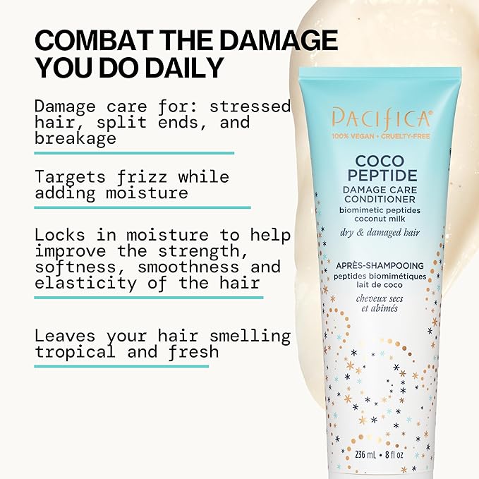Pacifica Coco Peptide Damage Care Shampoo & Conditioner Set – Repairing Hair Care for Dry Damaged Hair Vegan Collagen & Peptides for Split Ends & Breakage Sulfate Free Clean Vegan Dermatologist Tested